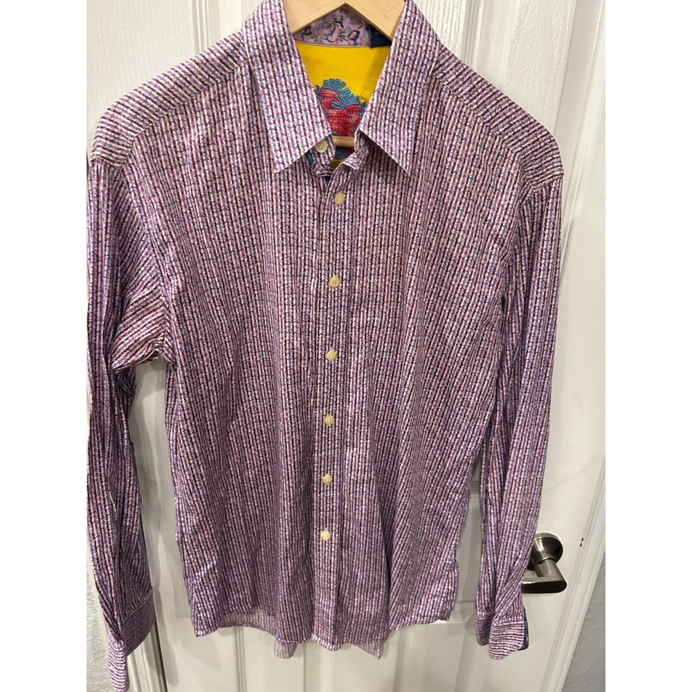 Robert Graham Button Down Shirt Purple Stripe Silk Trim Embroidered Mens M